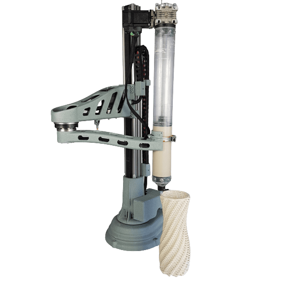 3D Potterbot Scara Mini v1 ceramic 3D printer, front view with a beautiful ceramic vase.