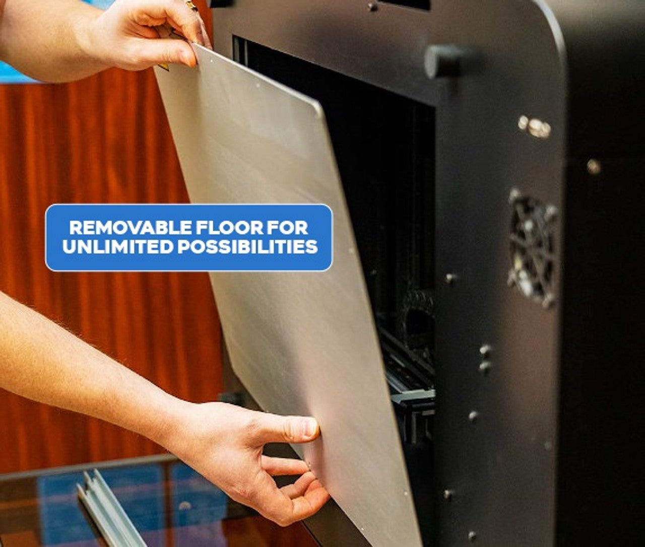 The FSL Muse Core Desktop CO2 Laser Cutting and Engraving Machine has a removable floor.