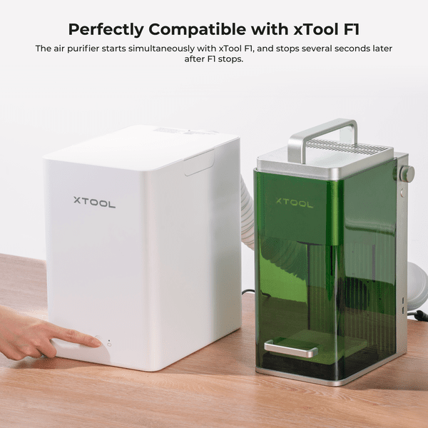 The Air Purifier starts simultaneously with the xTool F1 Laser Engraver, and stops automatically when the F1 stops.