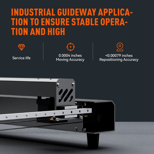 The Industrial Guideway ensures stable operation (0.0004" moving accuracy) on the ACMER P2 20W Laser Engraver and Cutter Machine with Automatic Air Assist Pump.