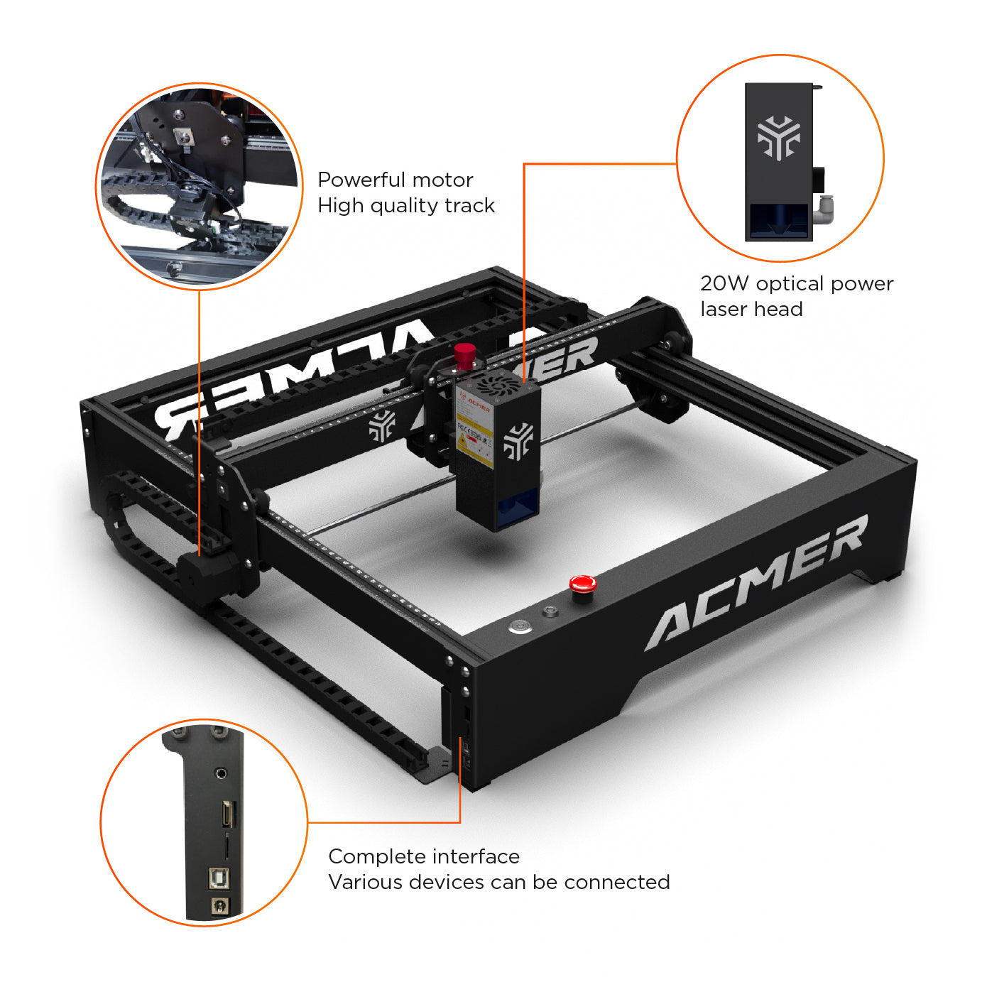 Key features on the ACMER P1 20W Laser Engraver Cutter Machine with Air Pump.