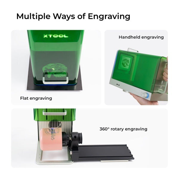 The xTool F1 Laser Engraver, has multiple ways of engraving (Handheld, Flat and 360 degrees).