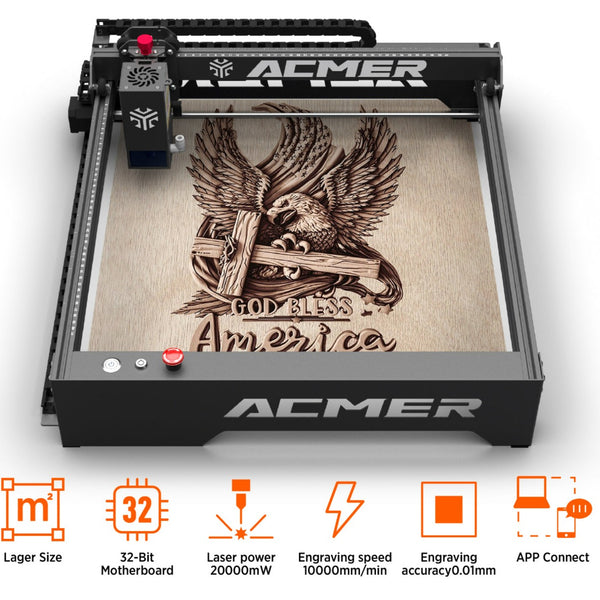 The ACMER P1 20W Laser Engraver Cutter Machine with Air Pump: A 20-watt laser engraver and cutter by ACMER equipped with an air pump.
