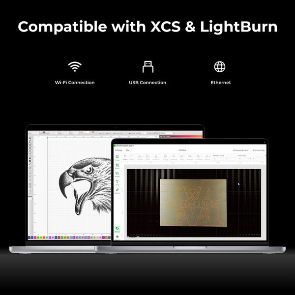 Compatible with XCS & Lightburn, via Wi-Fi, USB or Ethernet with The main features for the xTool P2 55W Desktop CO2 Laser Cutter.