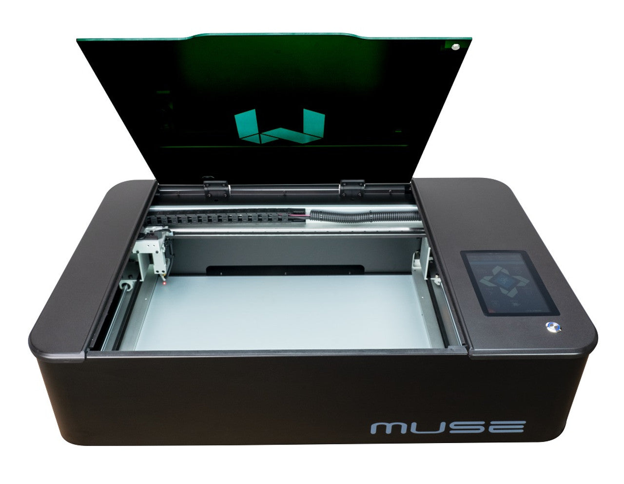 The FSL Muse Core Desktop CO2 Laser Cutting and Engraving Machine with cover open.