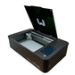 The FSL Muse Core Desktop CO2 Laser Cutting and Engraving Machine with cover open left side view.