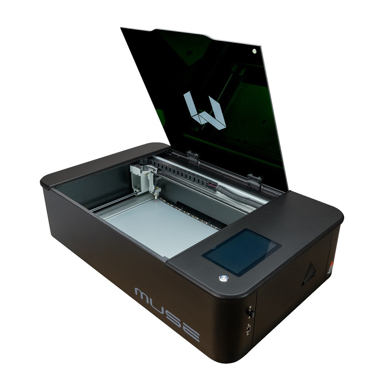 The FSL Muse Core Desktop CO2 Laser Cutting and Engraving Machine with cover open left side view.