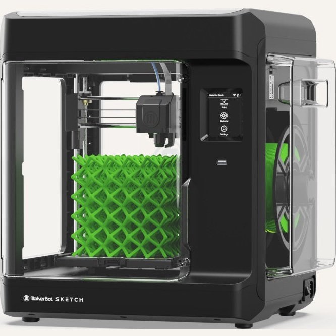 The MAKERBOT SKETCH SINGLE 3D PRINTER with a green honeycomb object inside.