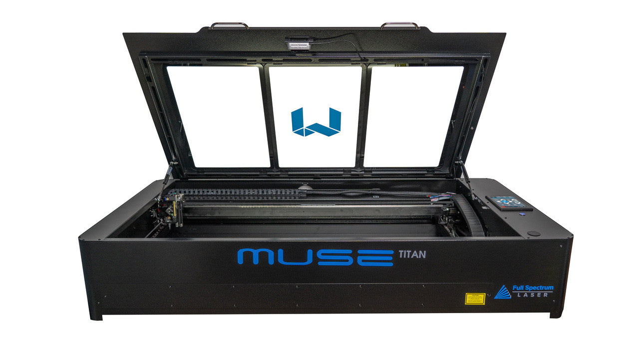 The Muse Titan v3 48x24 CO2 Laser, front view cover opened.