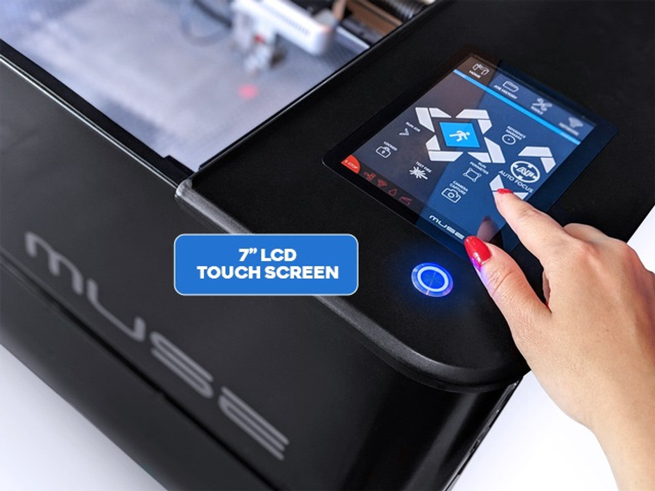 The FSL Muse Core Desktop CO2 Laser Cutting and Engraving Machine has a 7" LCD screen.