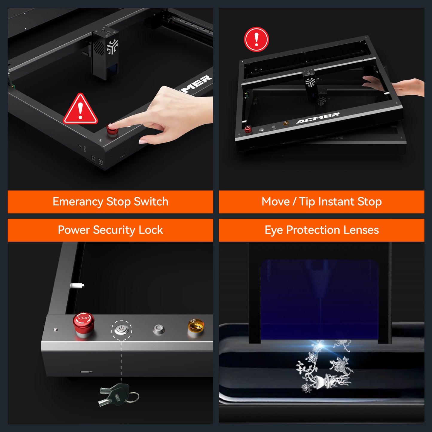 A picture showing some important safety features forthe ACMER P2 10W Desktop Laser Engraving & Cutting Machine. 