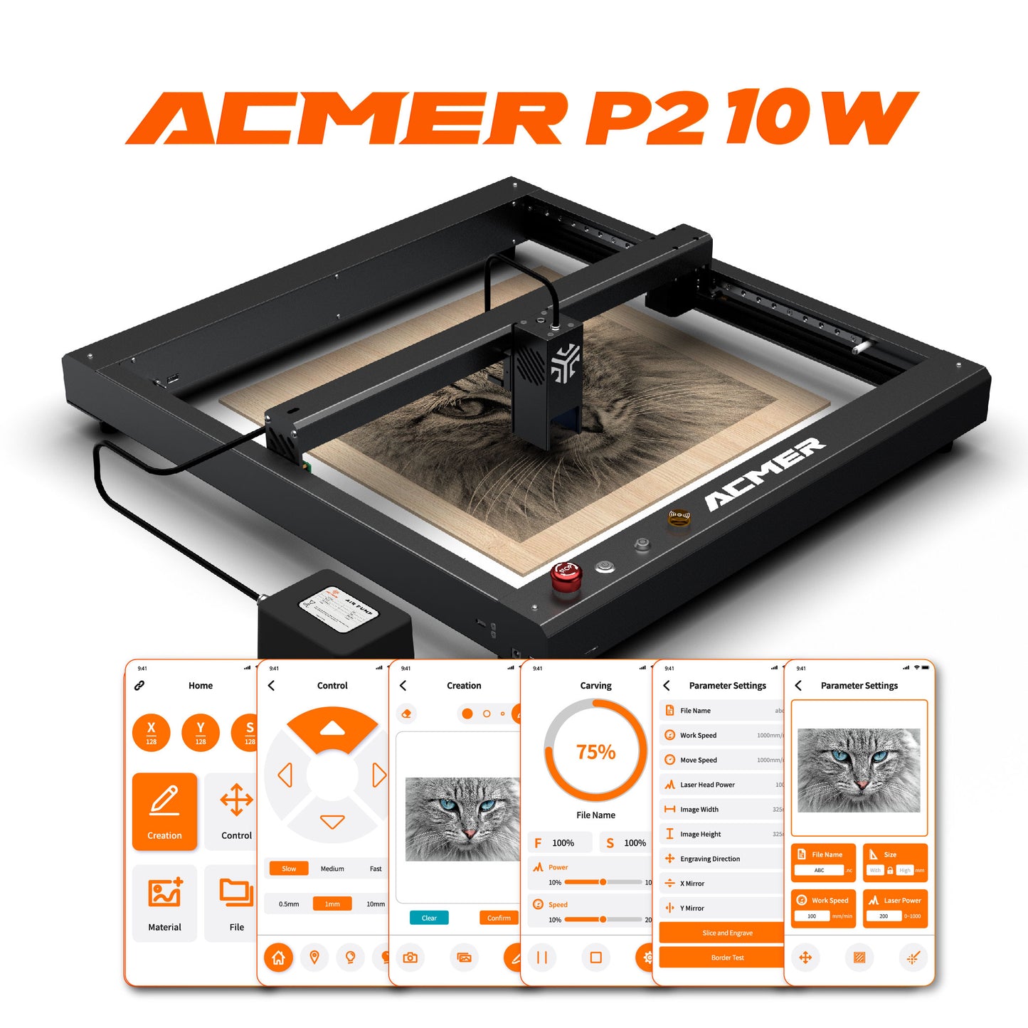 A diagram showing the features for the ACMER P2 10W Desktop Laser Engraving & Cutting Machine.