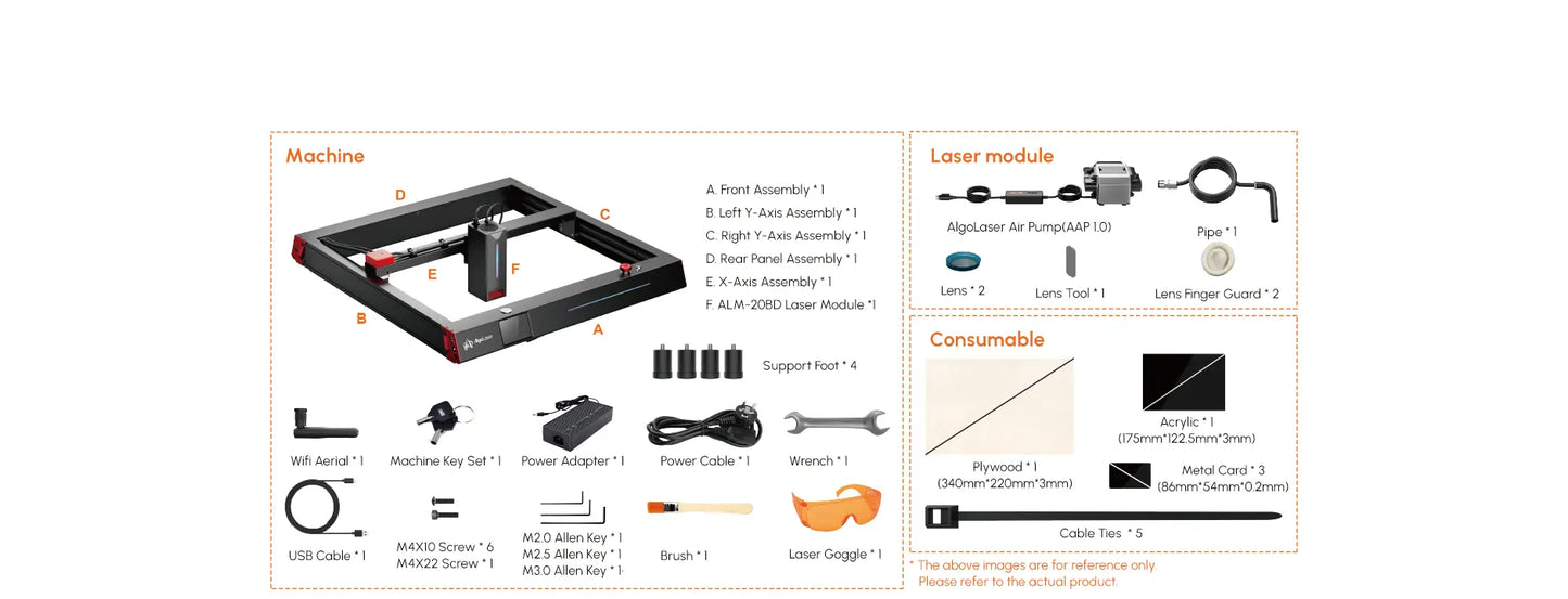 Package Contents for the AlgoLaser Delta 40W Diode Laser Engraver