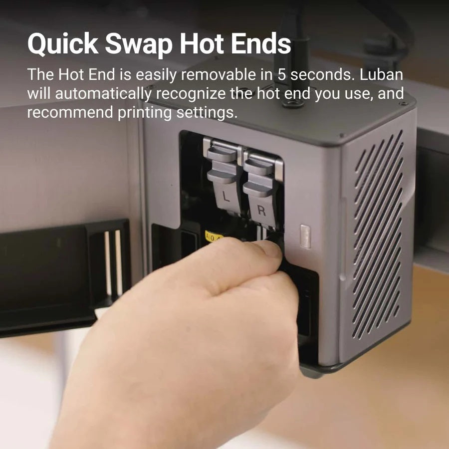 The Features of the SNAPMAKER 2.0 DUAL EXTRUSION 3D PRINTING MODULE has quick swap Hot ends