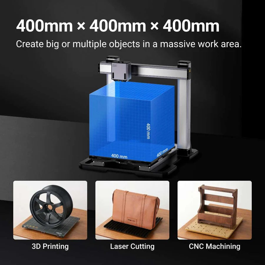 The SNAPMAKER ARTISAN MODULAR 3D PRINTER enclosure is capable of 400mm x 400mm x 400mm work space.