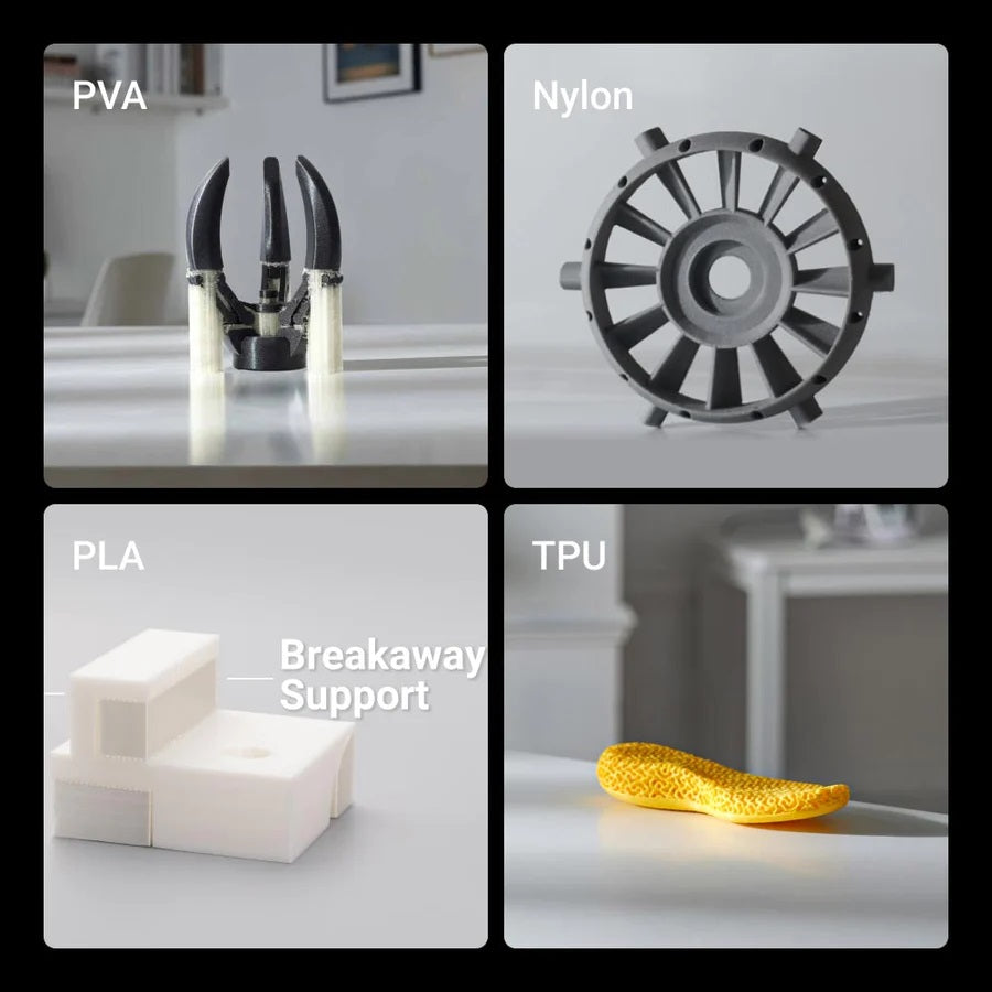 A graphic showing the SNAPMAKER ARTISAN 3D PRINTER material that can be used (PLA, Nylon, PLA Support, TOU).