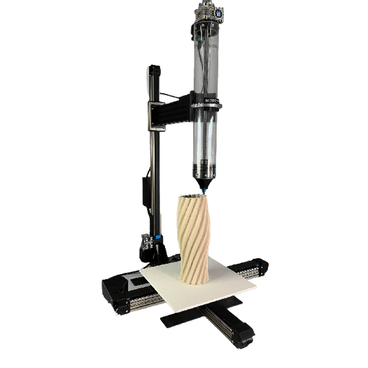 3D Potterbot 10 XL ceramic printer, 3600ml or 4000ml extruder with WiFi or Ethernet connection, creating a beautiful tall ceramic  vase.