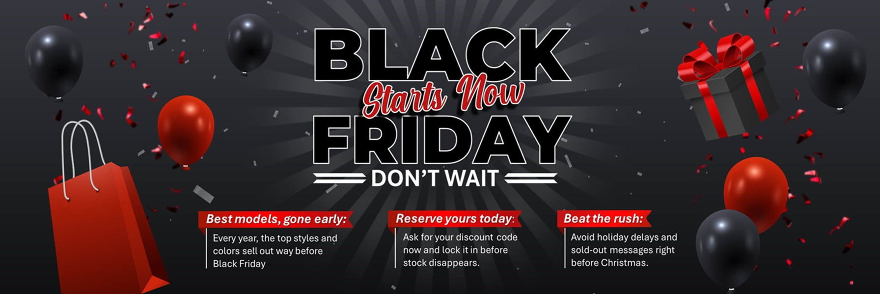 Black Friday promotional banner with shopping bags, balloons, and a gift box on a dark background.
