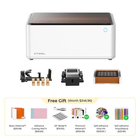 A picture showing what is included in the xTool M1 10W Machine, RA2 Pro, Air Assist, and Riser Base with Honeycomb, plus$346.96 FREE Material Gifts.